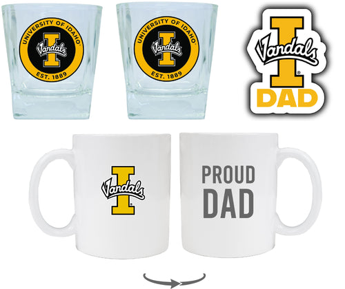 Idaho Vandals Collegiate Dad Gift Set - Proud Dad Decal, Coffee Mug & Whiskey Glasses 