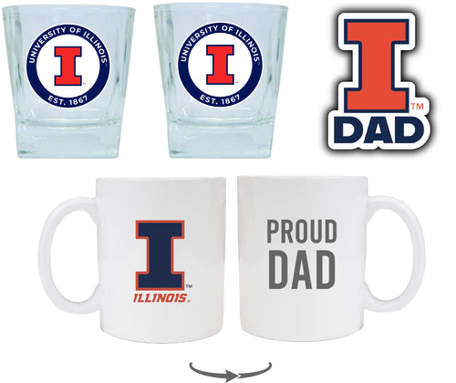 Illinois Fighting Illini Collegiate Dad Gift Set - Proud Dad Decal, Coffee Mug & Whiskey Glasses 