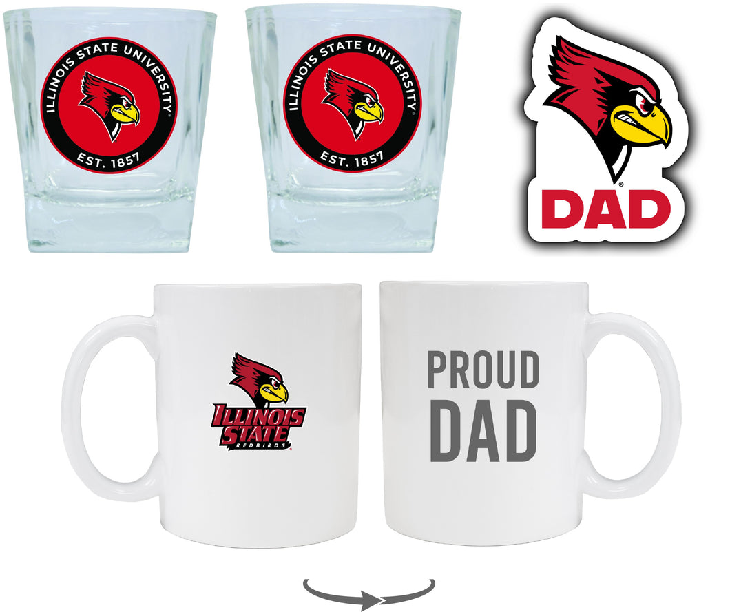 Illinois State Redbirds Collegiate Dad Gift Set - Proud Dad Decal, Coffee Mug & Whiskey Glasses 