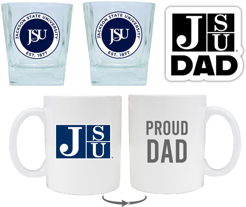 Jackson State University Collegiate Dad Gift Set - Proud Dad Decal, Coffee Mug & Whiskey Glasses 