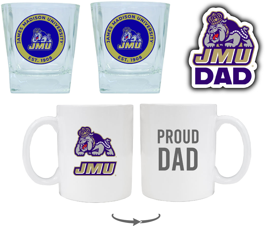 James Madison Dukes Collegiate Dad Gift Set - Proud Dad Decal, Coffee Mug & Whiskey Glasses 