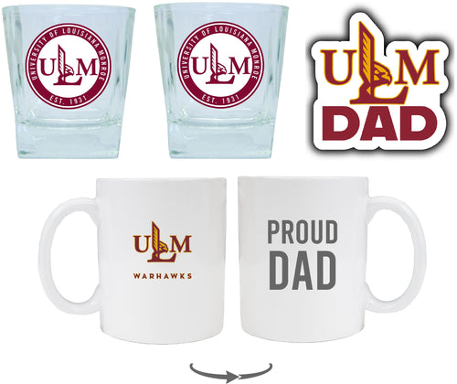 University of Louisiana Monroe Collegiate Dad Gift Set - Proud Dad Decal, Coffee Mug & Whiskey Glasses 