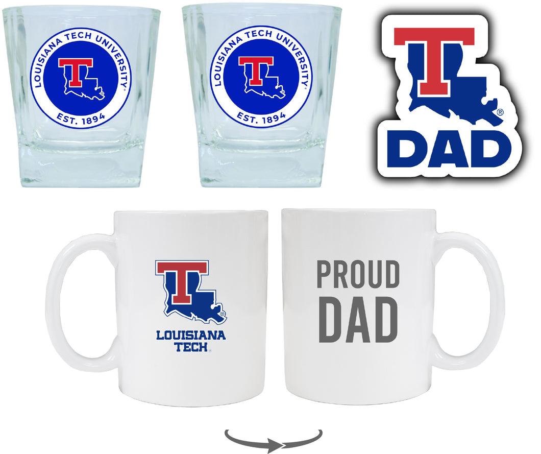 Louisiana Tech Bulldogs Collegiate Dad Gift Set - Proud Dad Decal, Coffee Mug & Whiskey Glasses 