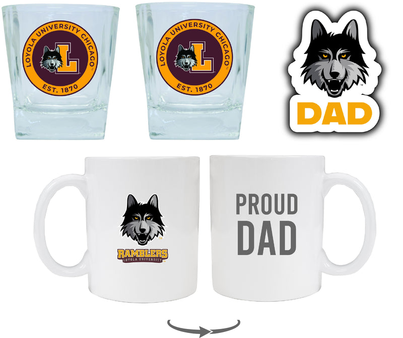 Loyola University Ramblers Collegiate Dad Gift Set - Proud Dad Decal, Coffee Mug & Whiskey Glasses 