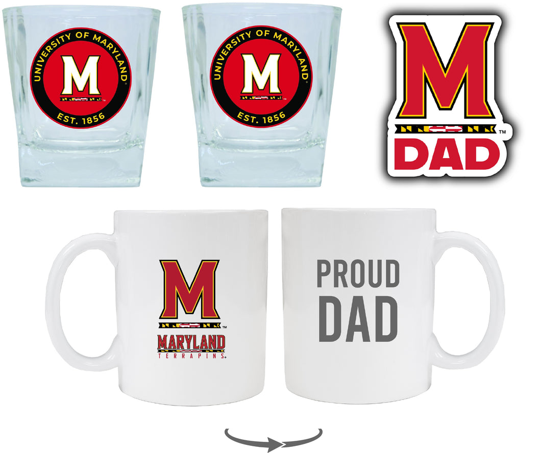Maryland Terrapins Collegiate Dad Gift Set - Proud Dad Decal, Coffee Mug & Whiskey Glasses 