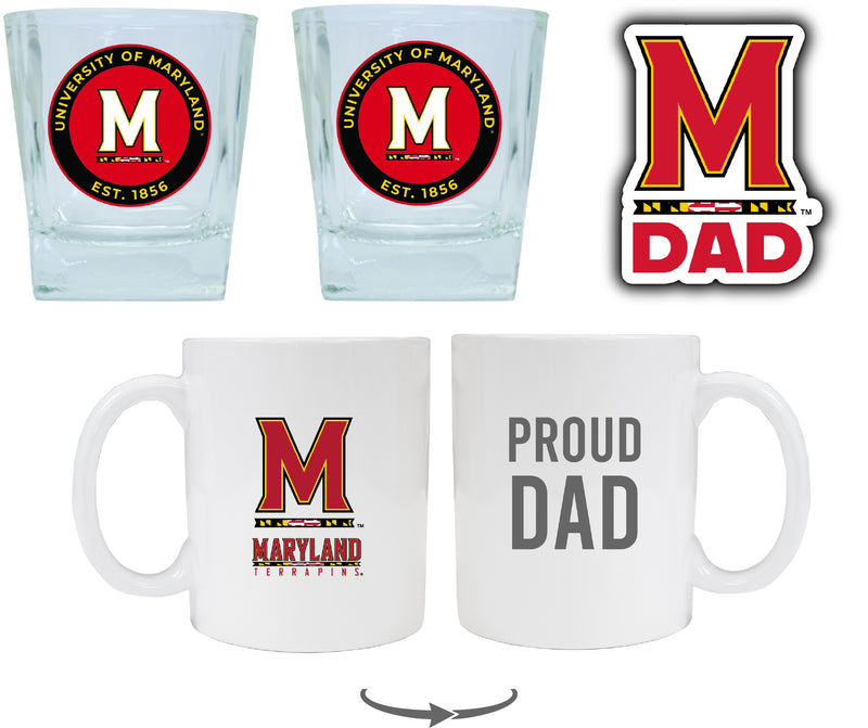 Maryland Terrapins Collegiate Dad Gift Set - Proud Dad Decal, Coffee Mug & Whiskey Glasses 