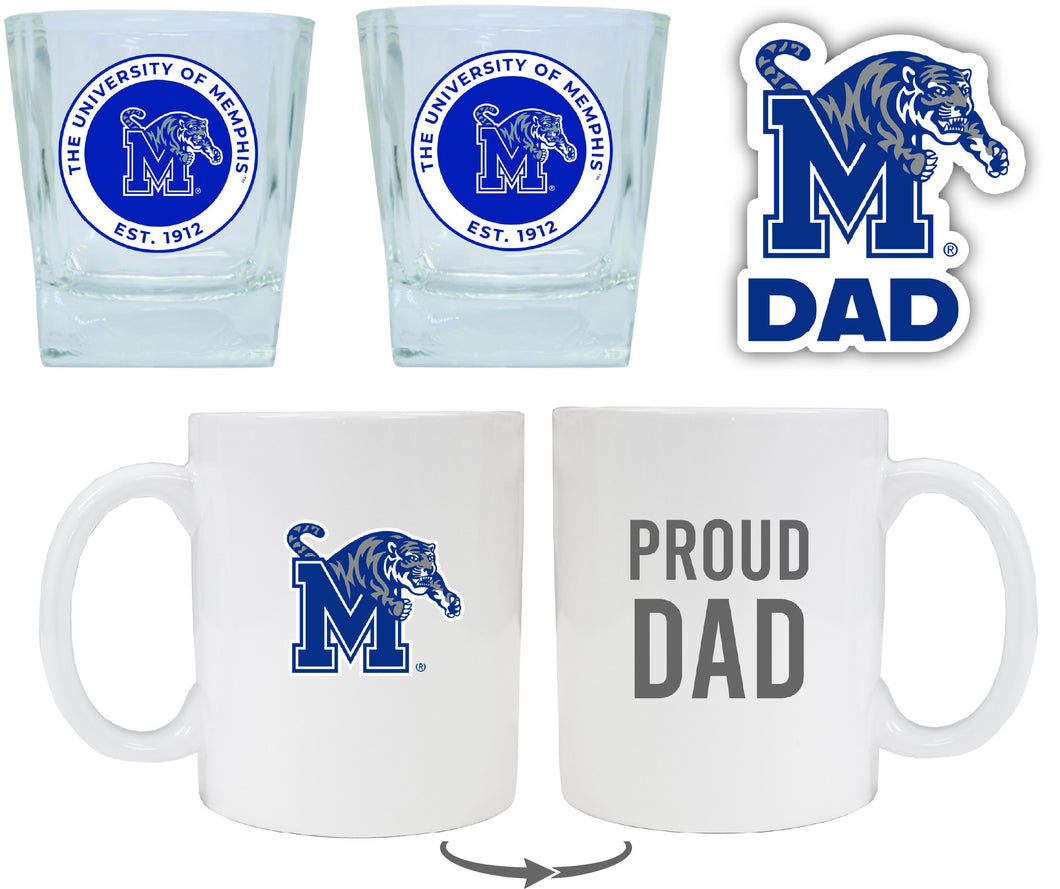 Memphis Tigers Collegiate Dad Gift Set - Proud Dad Decal, Coffee Mug & Whiskey Glasses 