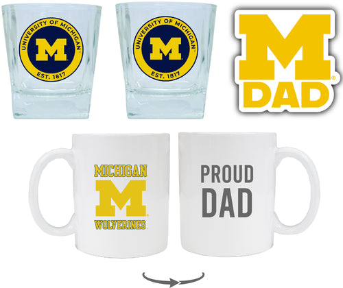 Michigan Wolverines Collegiate Dad Gift Set - Proud Dad Decal, Coffee Mug & Whiskey Glasses 