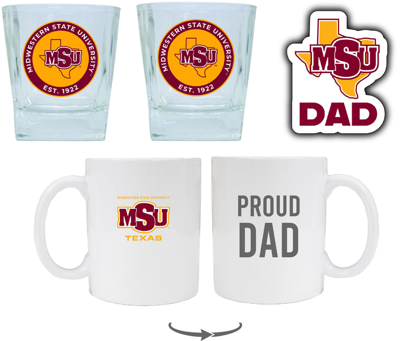 Midwestern State University Mustangs Collegiate Dad Gift Set - Proud Dad Decal, Coffee Mug & Whiskey Glasses 