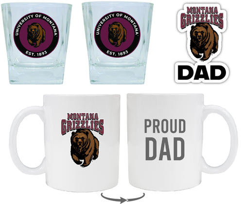 Montana University Collegiate Dad Gift Set - Proud Dad Decal, Coffee Mug & Whiskey Glasses 