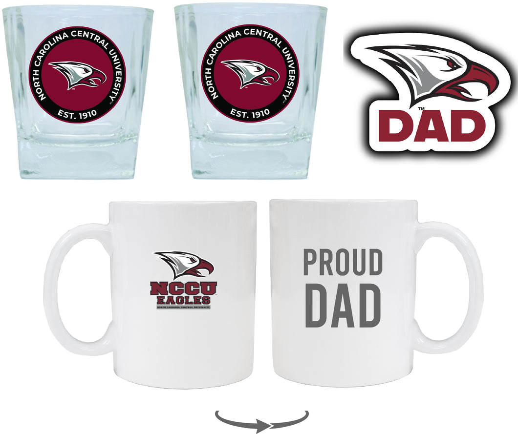 North Carolina Central Eagles Collegiate Dad Gift Set - Proud Dad Decal, Coffee Mug & Whiskey Glasses 