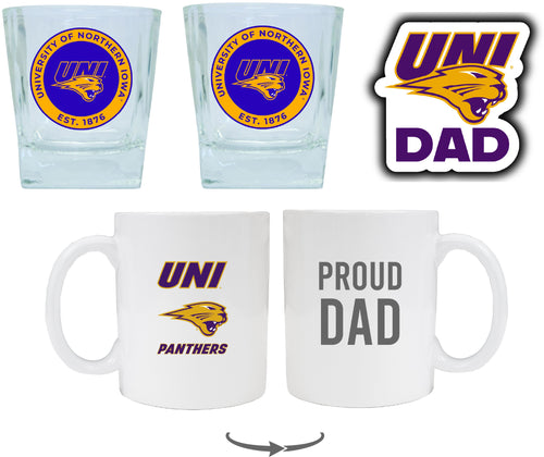 Northern Iowa Panthers Collegiate Dad Gift Set - Proud Dad Decal, Coffee Mug & Whiskey Glasses 
