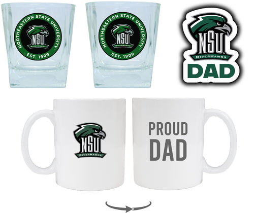 Northeastern State University Riverhawks Collegiate Dad Gift Set - Proud Dad Decal, Coffee Mug & Whiskey Glasses 