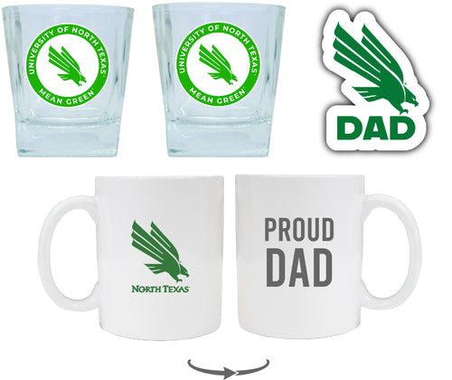 North Texas Collegiate Dad Gift Set - Proud Dad Decal, Coffee Mug & Whiskey Glasses 