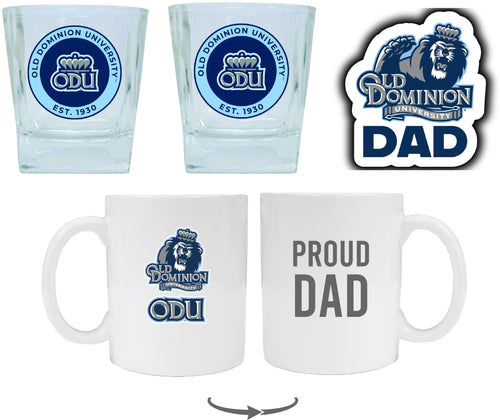 Old Dominion Monarchs Collegiate Dad Gift Set - Proud Dad Decal, Coffee Mug & Whiskey Glasses 