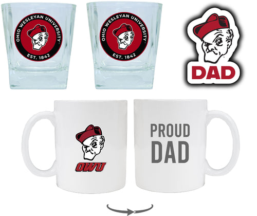 Ohio Wesleyan University Collegiate Dad Gift Set - Proud Dad Decal, Coffee Mug & Whiskey Glasses 