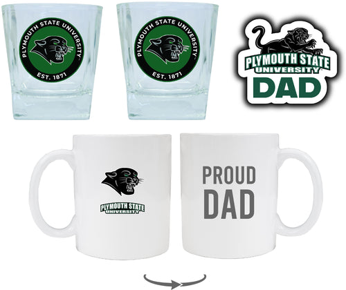 Plymouth State University Collegiate Dad Gift Set - Proud Dad Decal, Coffee Mug & Whiskey Glasses 