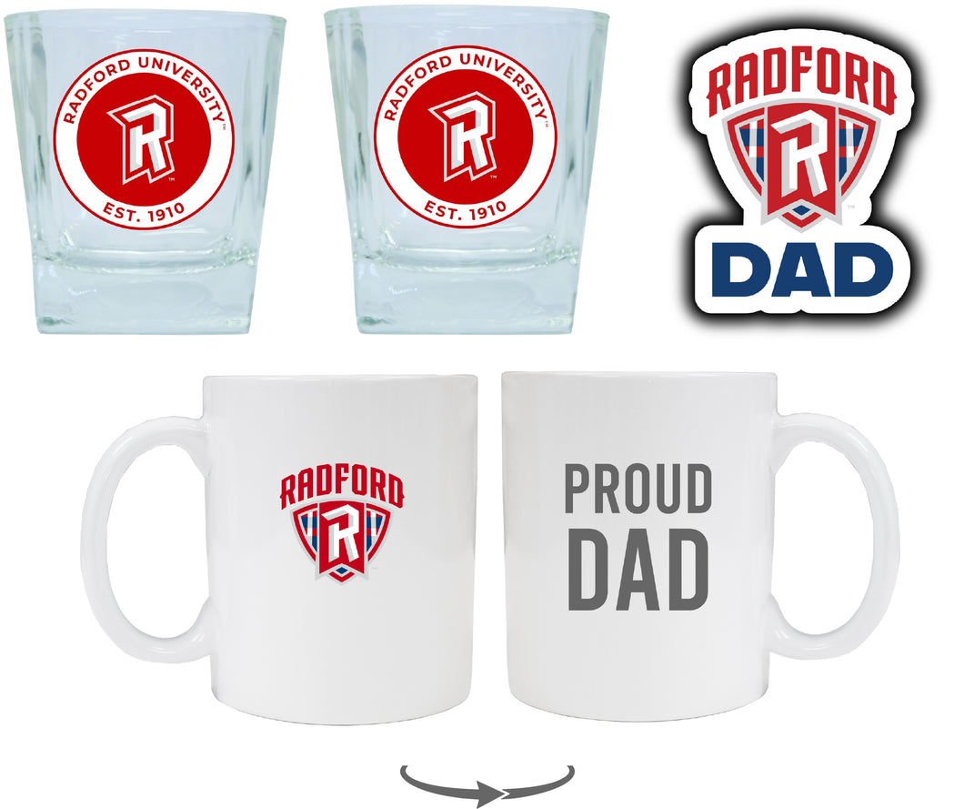 Radford University Highlanders Collegiate Dad Gift Set - Proud Dad Decal, Coffee Mug & Whiskey Glasses 