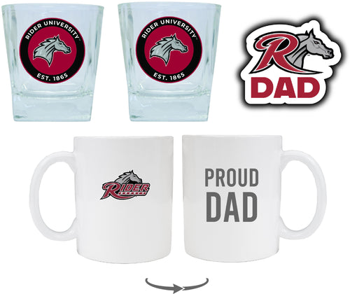 Rider University Broncs Collegiate Dad Gift Set - Proud Dad Decal, Coffee Mug & Whiskey Glasses 