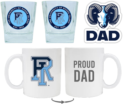 Rhode Island University Collegiate Dad Gift Set - Proud Dad Decal, Coffee Mug & Whiskey Glasses 