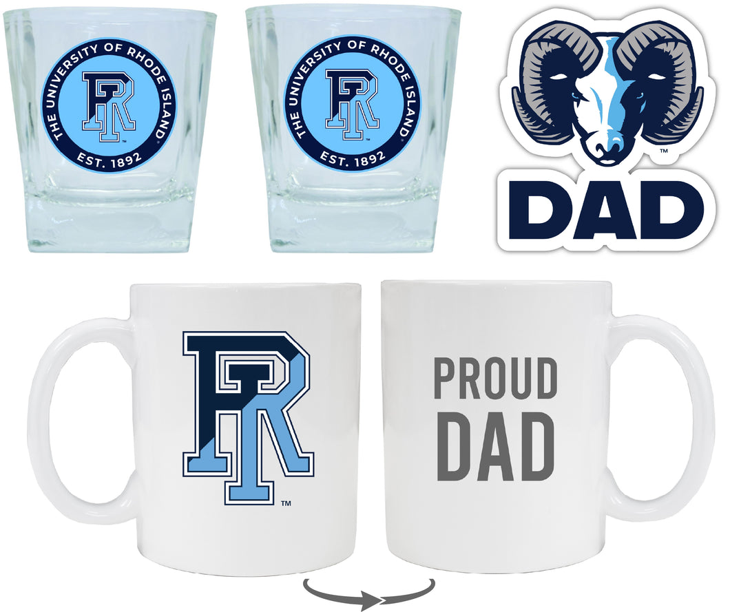 Rhode Island University Collegiate Dad Gift Set - Proud Dad Decal, Coffee Mug & Whiskey Glasses 