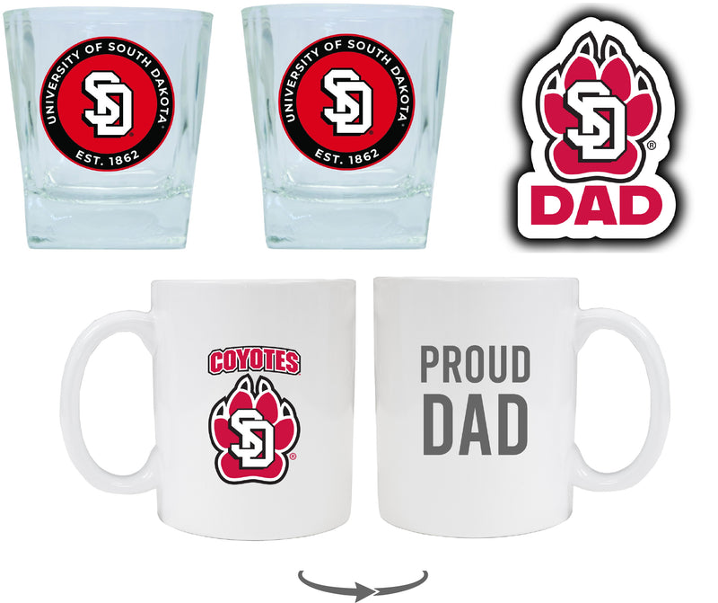 South Dakota Coyotes Collegiate Dad Gift Set - Proud Dad Decal, Coffee Mug & Whiskey Glasses 