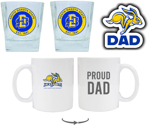 South Dakota State Jackrabbits Collegiate Dad Gift Set - Proud Dad Decal, Coffee Mug & Whiskey Glasses 
