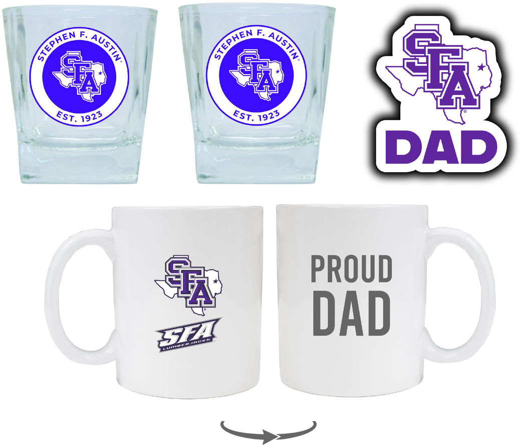 Stephen F. Austin State University Collegiate Dad Gift Set - Proud Dad Decal, Coffee Mug & Whiskey Glasses 