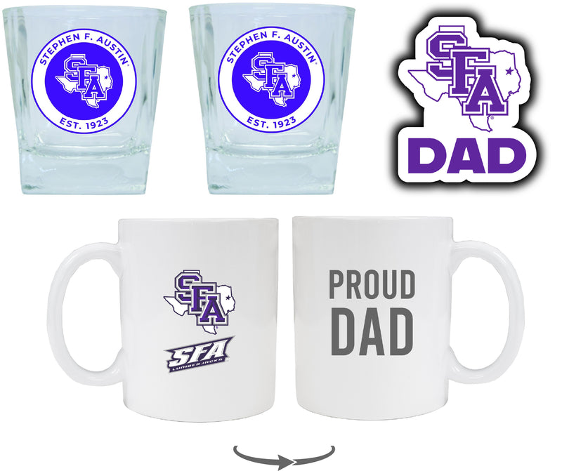Stephen F. Austin State University Collegiate Dad Gift Set - Proud Dad Decal, Coffee Mug & Whiskey Glasses 
