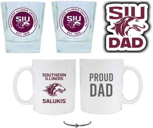 Southern Illinois Salukis Collegiate Dad Gift Set - Proud Dad Decal, Coffee Mug & Whiskey Glasses 