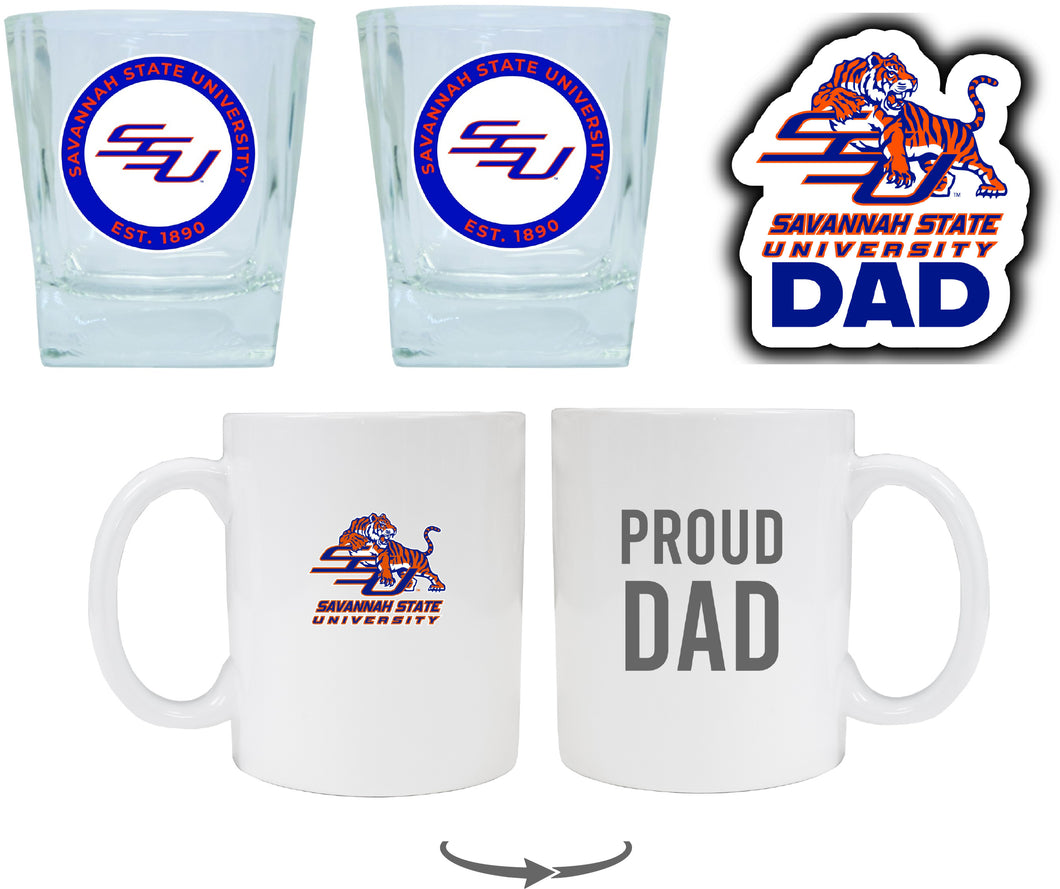 Savannah State University Collegiate Dad Gift Set - Proud Dad Decal, Coffee Mug & Whiskey Glasses 