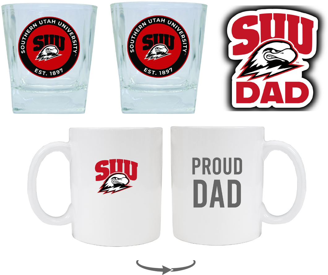Southern Utah University Collegiate Dad Gift Set - Proud Dad Decal, Coffee Mug & Whiskey Glasses 