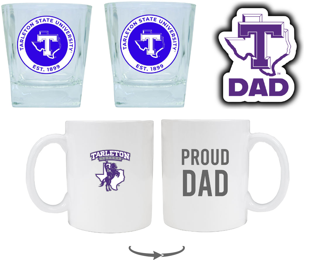 Tarleton State University Collegiate Dad Gift Set - Proud Dad Decal, Coffee Mug & Whiskey Glasses 