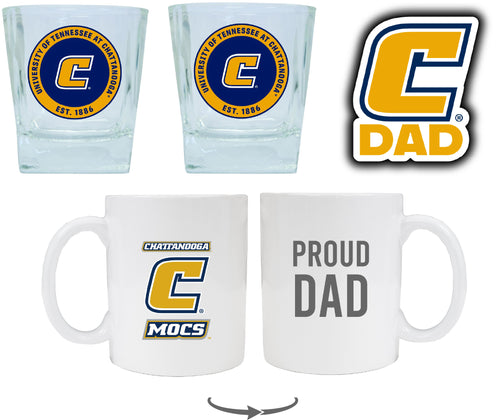 University of Tennessee at Chattanooga Collegiate Dad Gift Set - Proud Dad Decal, Coffee Mug & Whiskey Glasses 