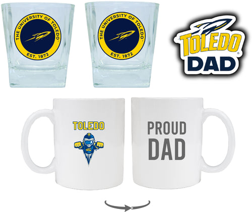 Toledo Rockets Collegiate Dad Gift Set - Proud Dad Decal, Coffee Mug & Whiskey Glasses 
