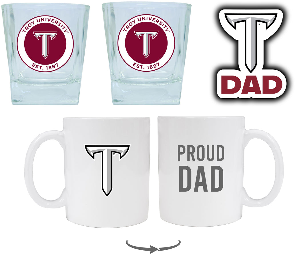 Troy University Collegiate Dad Gift Set - Proud Dad Decal, Coffee Mug & Whiskey Glasses 