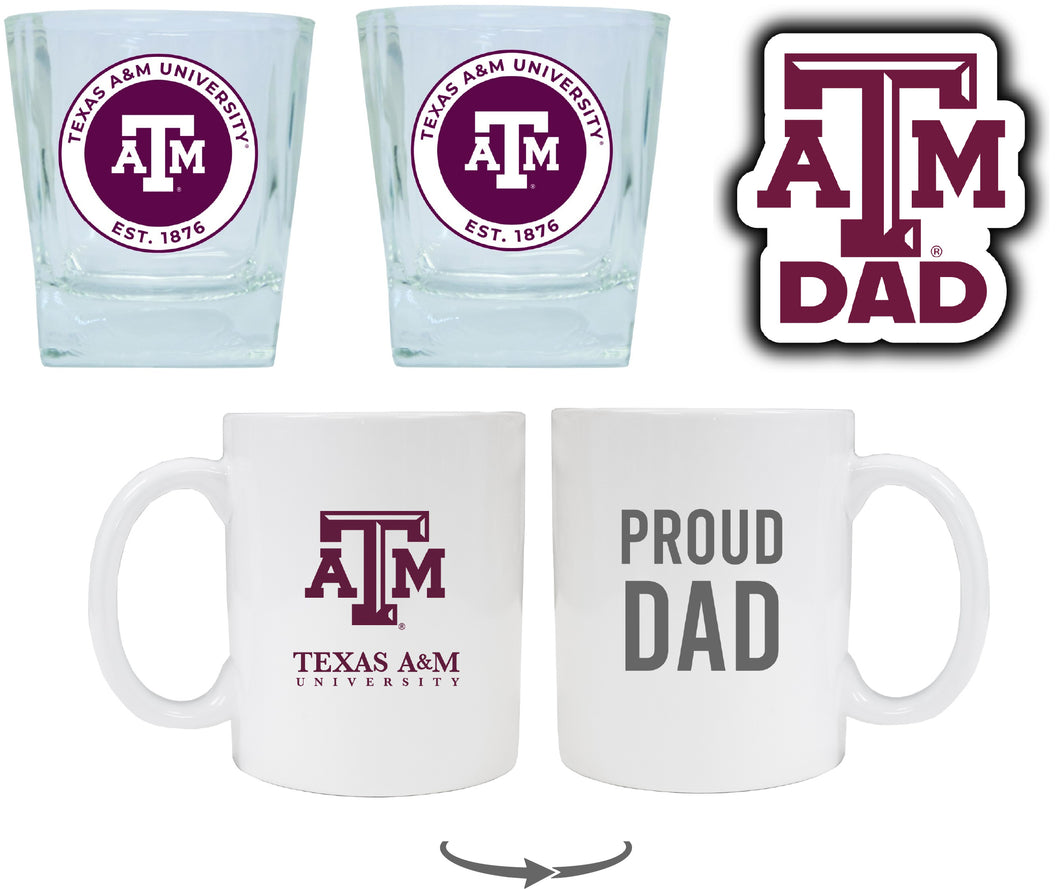 Texas A&M Aggies Collegiate Dad Gift Set - Proud Dad Decal, Coffee Mug & Whiskey Glasses 
