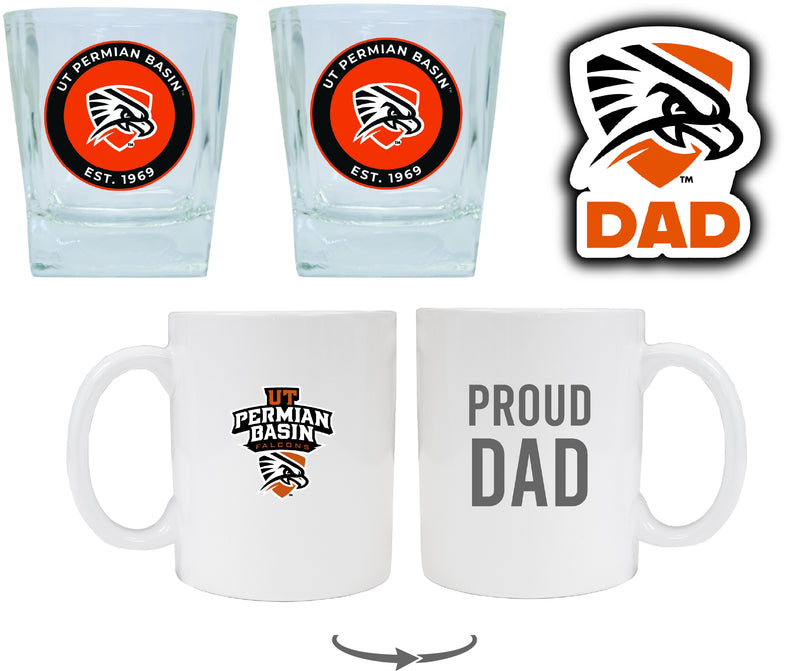 University of Texas of the Permian Basin Collegiate Dad Gift Set - Proud Dad Decal, Coffee Mug & Whiskey Glasses 