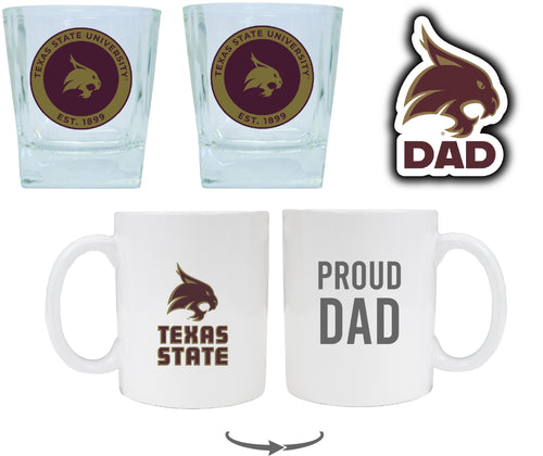 Texas State Bobcats Collegiate Dad Gift Set - Proud Dad Decal, Coffee Mug & Whiskey Glasses 