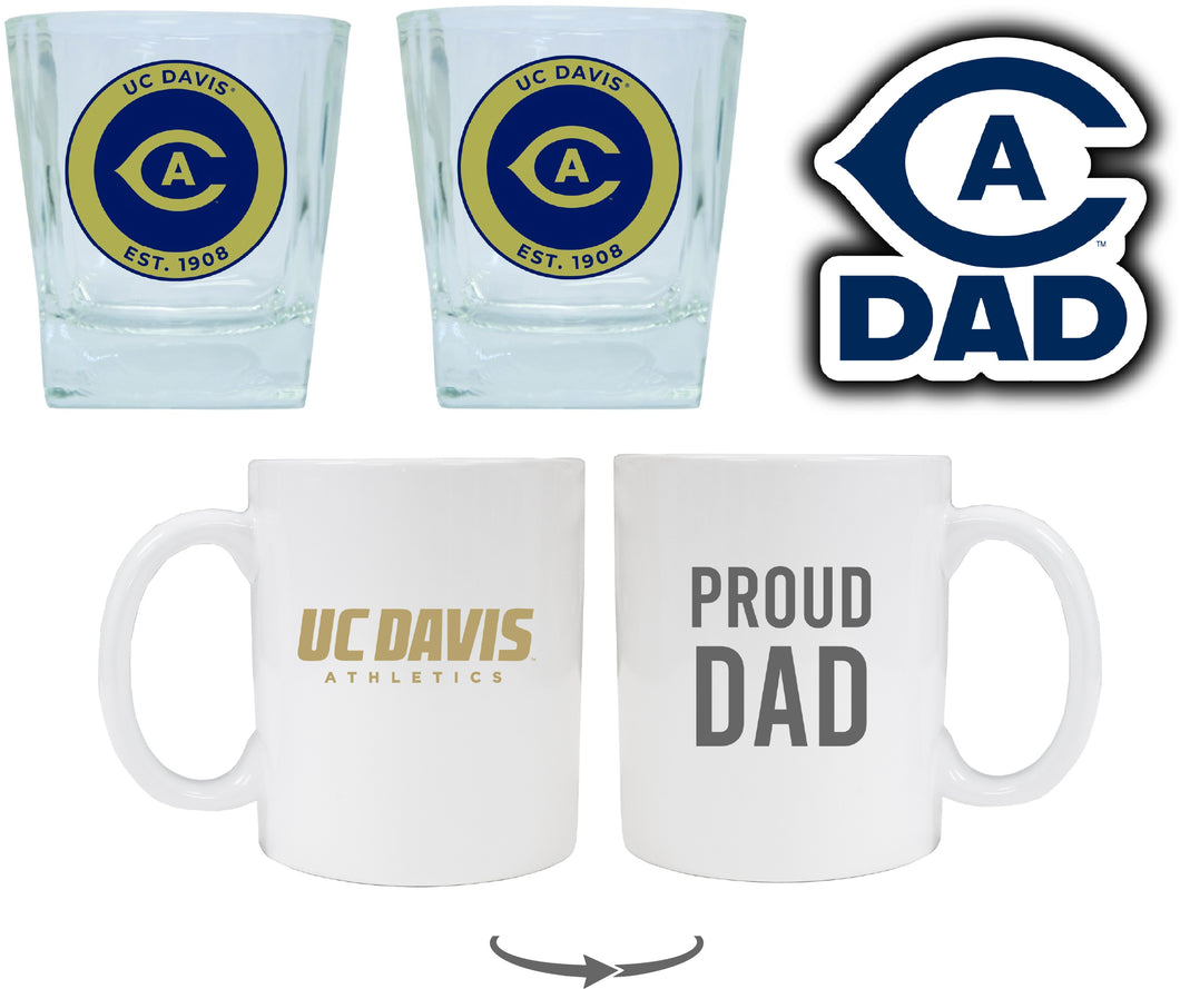 UC Davis Aggies Collegiate Dad Gift Set - Proud Dad Decal, Coffee Mug & Whiskey Glasses 