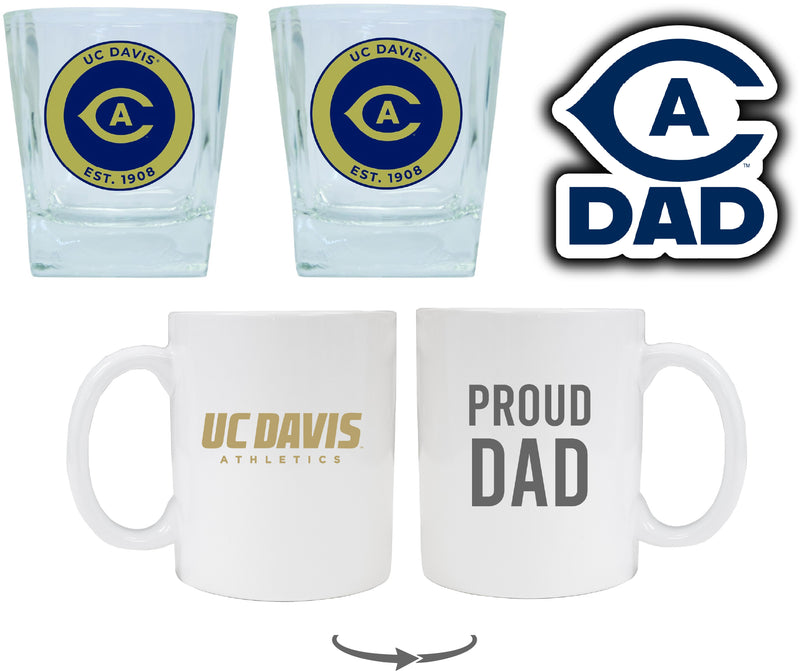 UC Davis Aggies Collegiate Dad Gift Set - Proud Dad Decal, Coffee Mug & Whiskey Glasses 