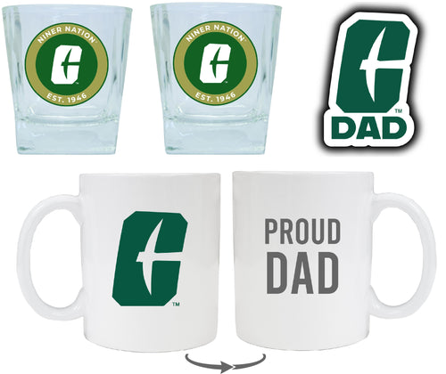 North Carolina Charlotte Forty-Niners Collegiate Dad Gift Set - Proud Dad Decal, Coffee Mug & Whiskey Glasses 