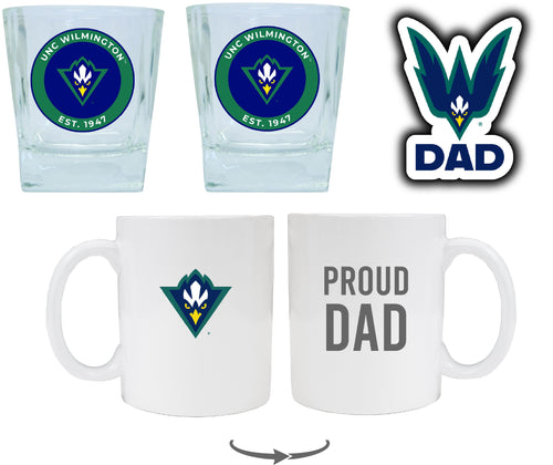 North Carolina Wilmington Seahawks Collegiate Dad Gift Set - Proud Dad Decal, Coffee Mug & Whiskey Glasses 