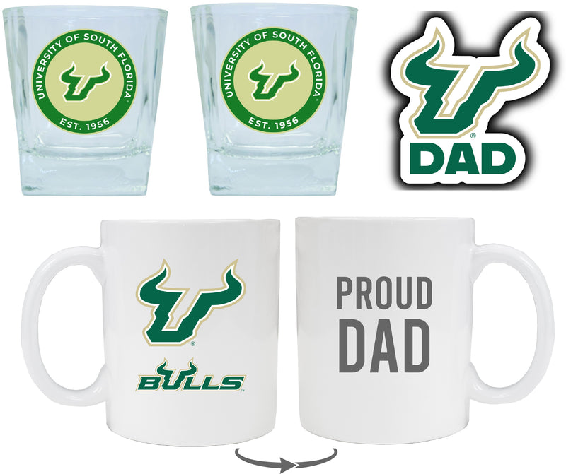South Florida Bulls Collegiate Dad Gift Set - Proud Dad Decal, Coffee Mug & Whiskey Glasses 