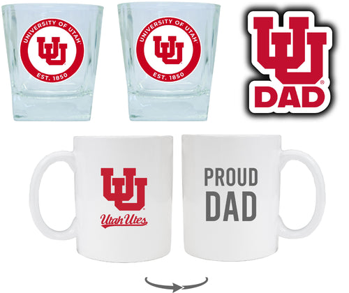 Utah Utes Collegiate Dad Gift Set - Proud Dad Decal, Coffee Mug & Whiskey Glasses 