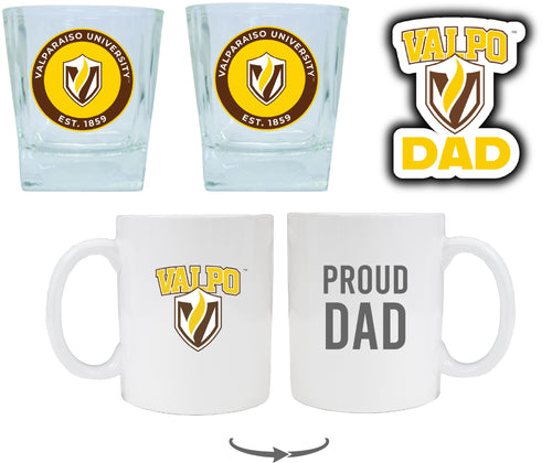 Valparaiso University Collegiate Dad Gift Set - Proud Dad Decal, Coffee Mug & Whiskey Glasses 