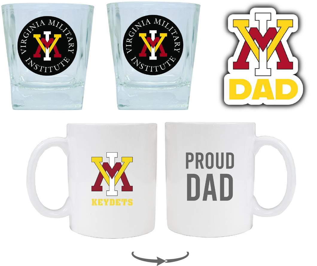 VMI Keydets Collegiate Dad Gift Set - Proud Dad Decal, Coffee Mug & Whiskey Glasses 