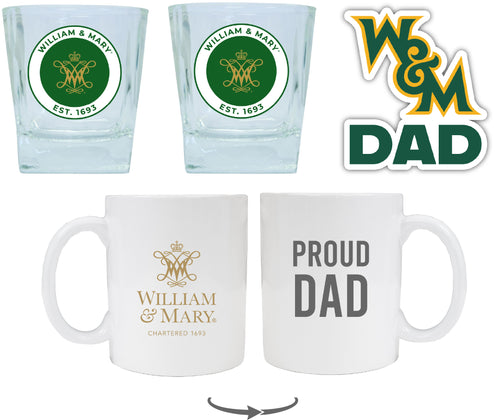 William and Mary Collegiate Dad Gift Set - Proud Dad Decal, Coffee Mug & Whiskey Glasses 
