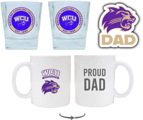 Western Carolina University Collegiate Dad Gift Set - Proud Dad Decal, Coffee Mug & Whiskey Glasses 