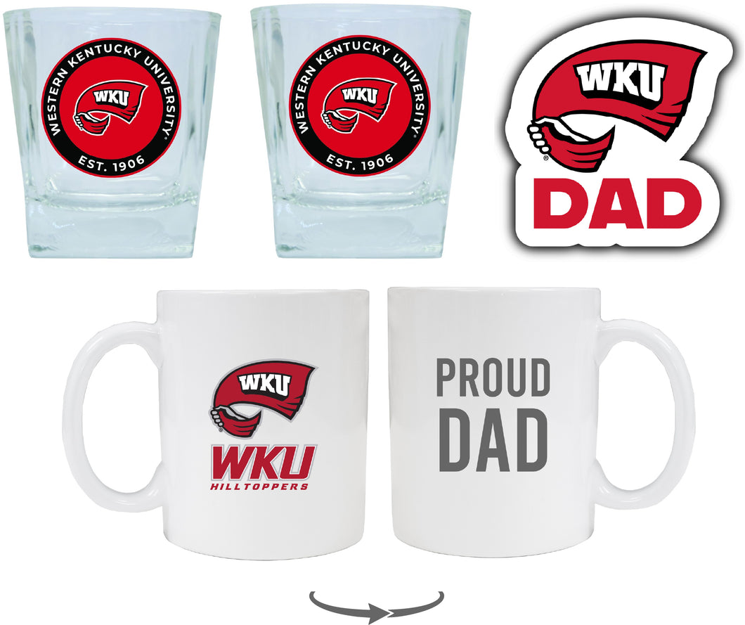 Western Kentucky Hilltoppers Collegiate Dad Gift Set - Proud Dad Decal, Coffee Mug & Whiskey Glasses 